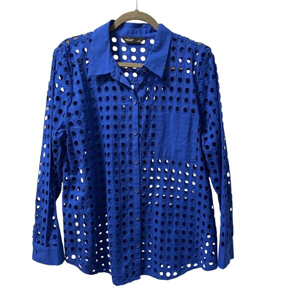 Simply Vera Vera Wang Blue Eyelet Long Sleeve Button-Up Shirt Sz L Sheer - Picture 2 of 10